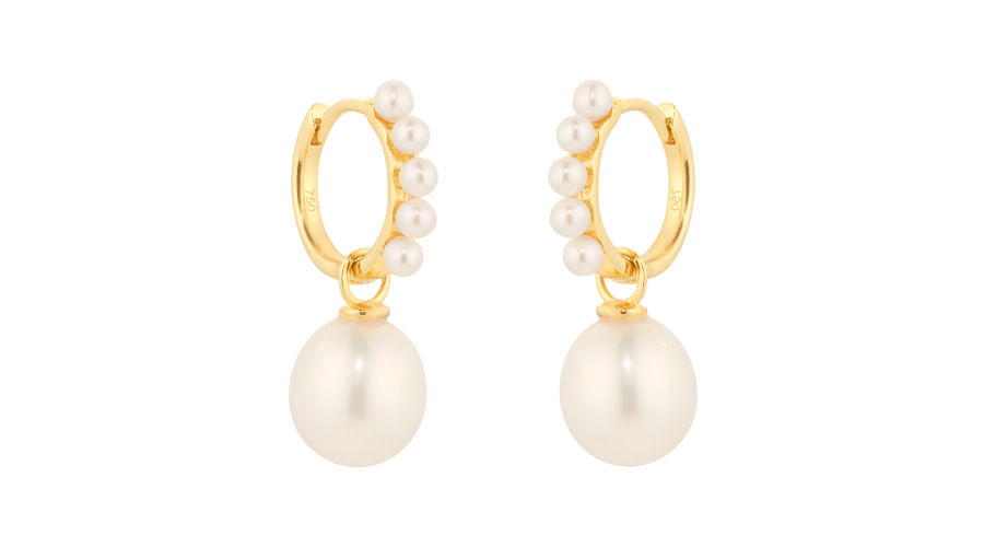 18ct Yellow Gold Fresh Water Pearl Drop Hoop Earrings