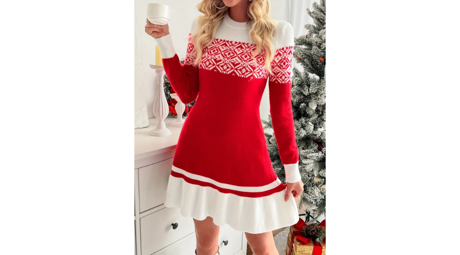 Christmas Geo Pattern Flared Slim Mini Dress